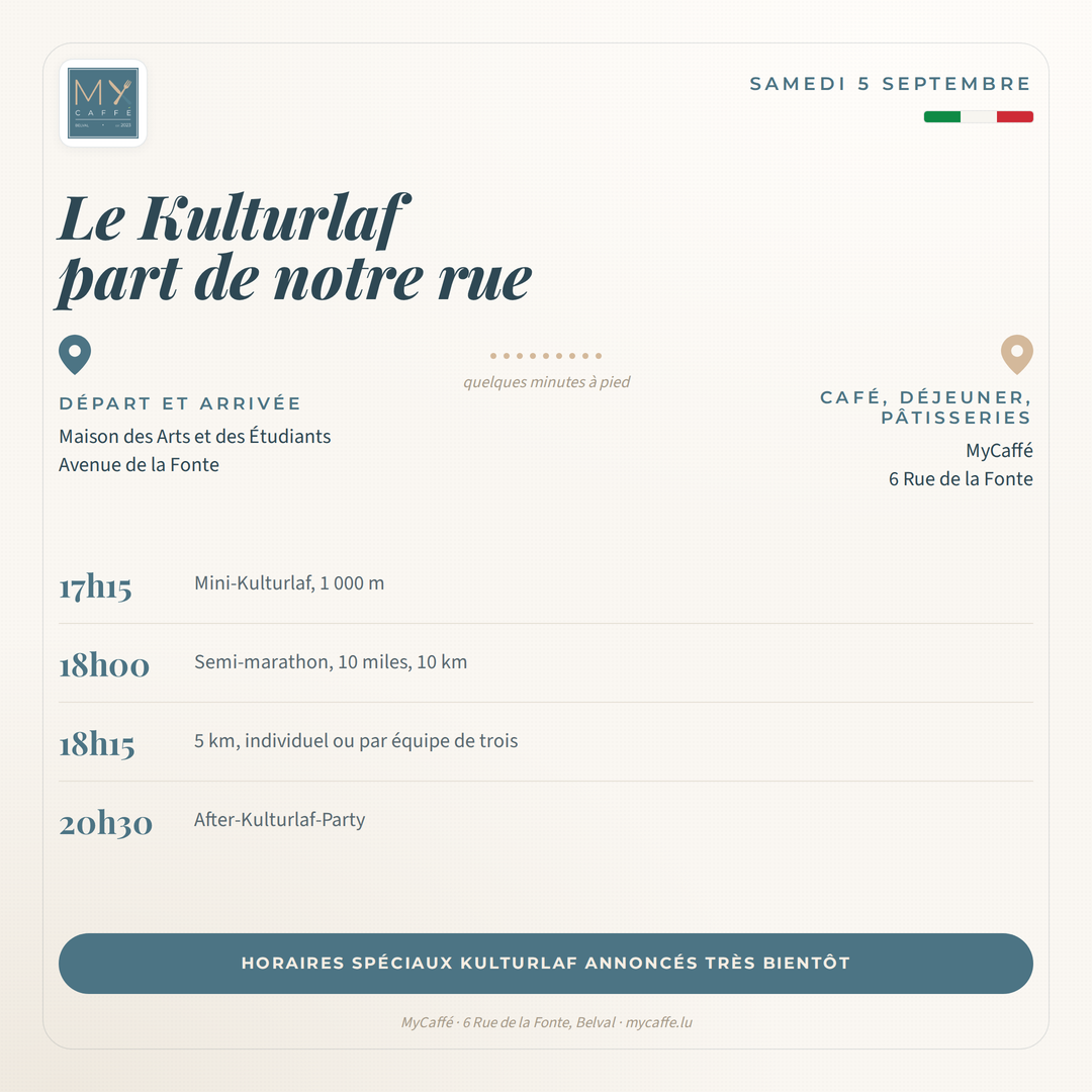 Le départ et l'arrivée de l'Escher Kulturlaf à la Maison des Arts et des Étudiants Avenue de la Fonte, MyCaffé au 6 Rue de la Fonte à quelques minutes à pied, et les horaires des courses de 17h15 à 20h30