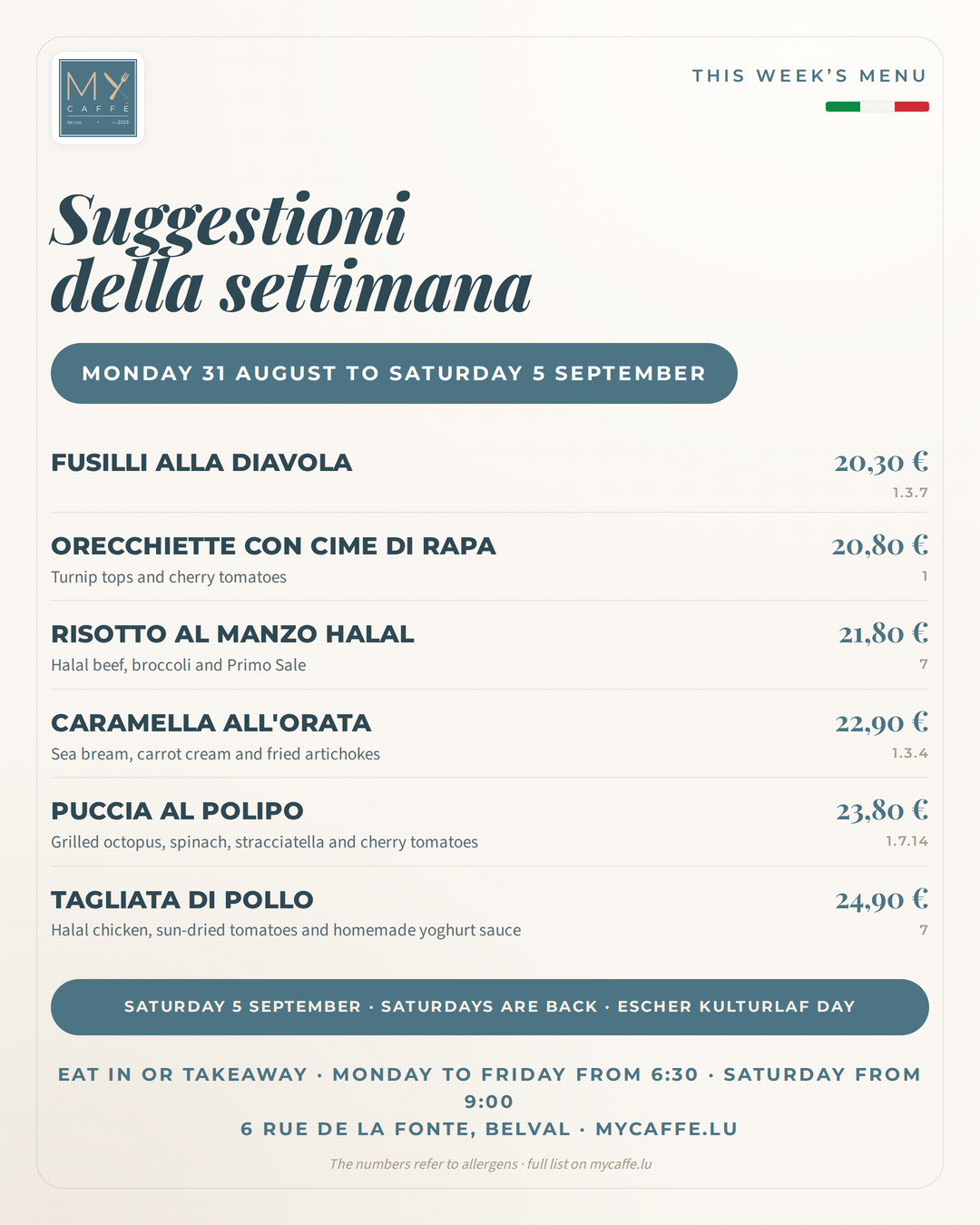 MyCaffé Suggestioni from 31 August to 5 September in English, six dishes with prices
