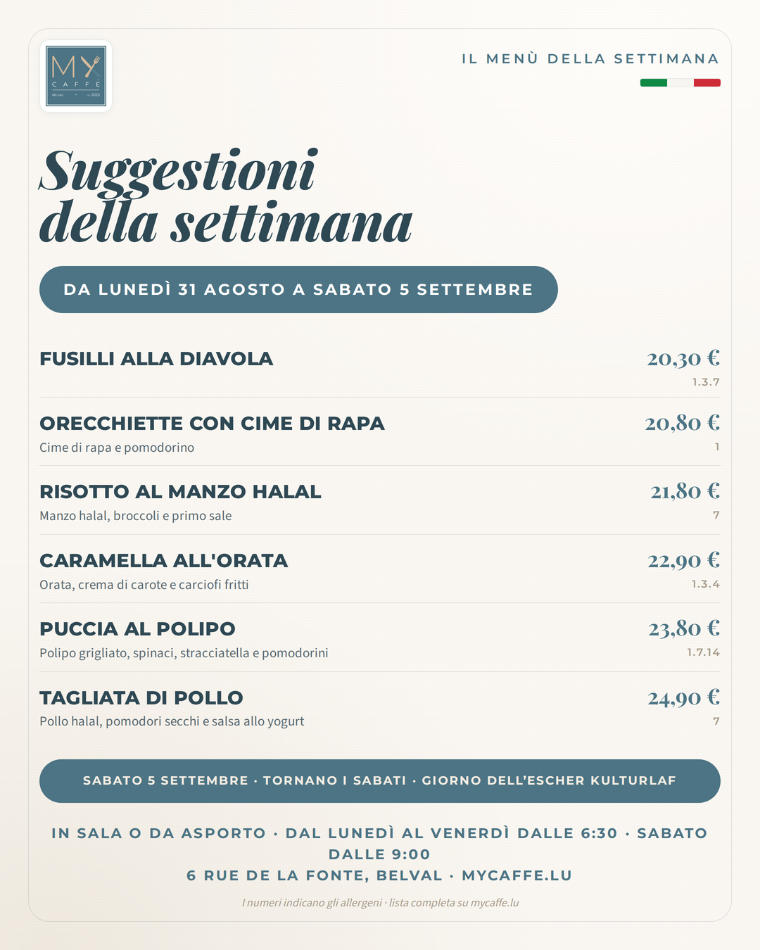 Le Suggestioni di MyCaffé dal 31 agosto al 5 settembre in italiano, sei piatti con i prezzi