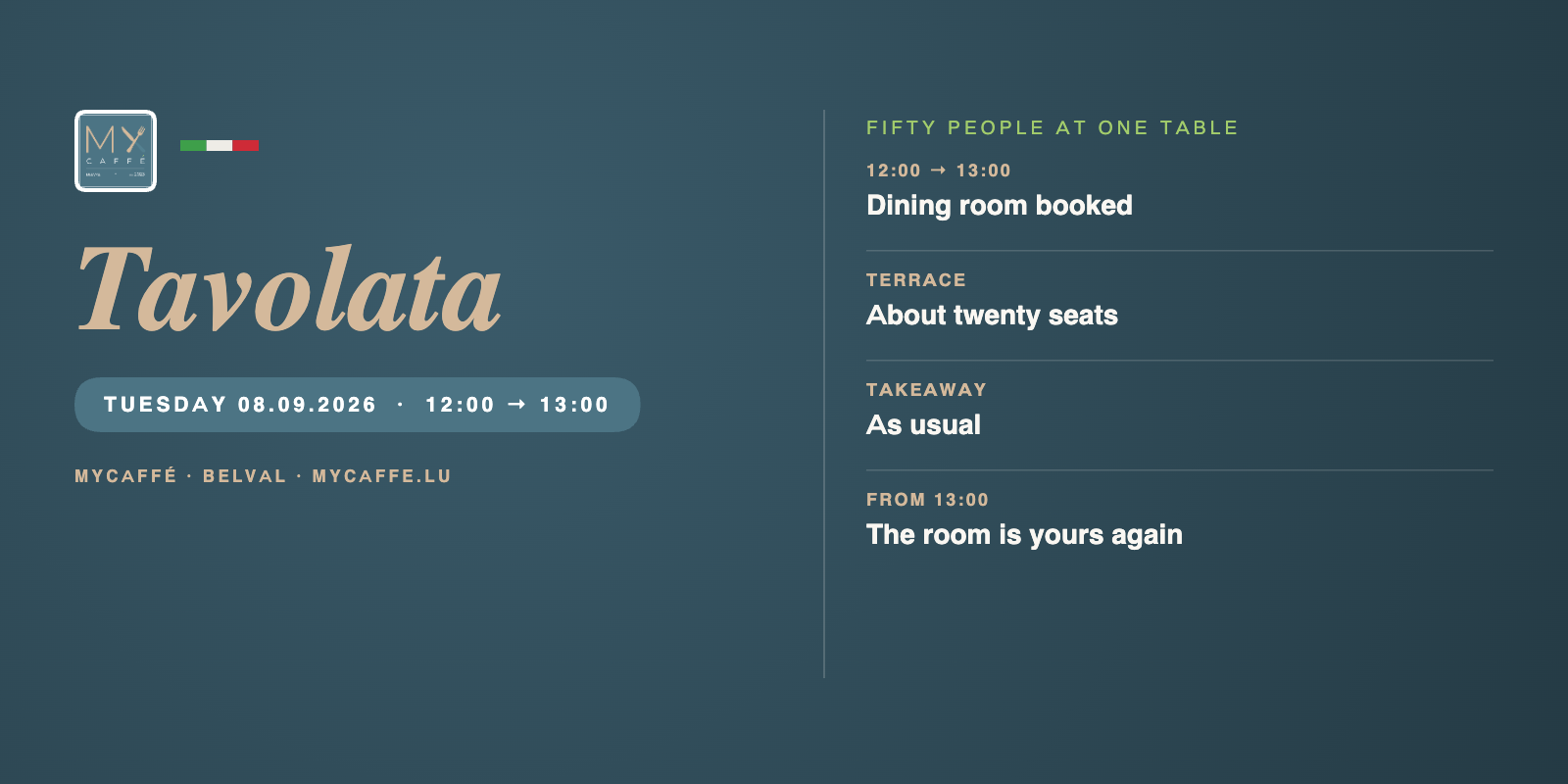 MyCaffé banner on deep teal. The word Tavolata in large sand italics, with the line Fifty people at one table. Tuesday 8 September: dining room booked from 12:00 to 13:00, terrace with about twenty seats, takeaway as usual, room open again from 13:00.