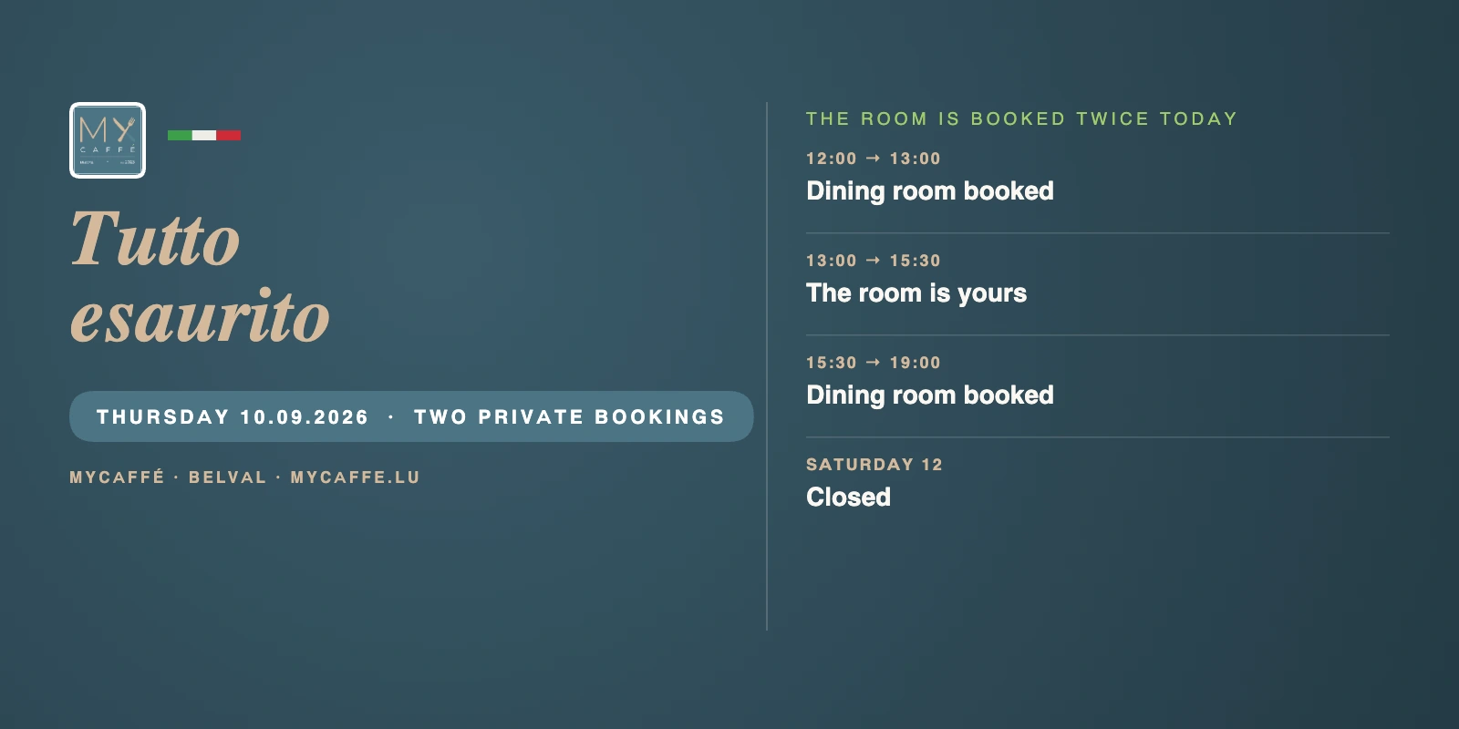 MyCaffé banner on deep teal. The words Tutto esaurito in large sand italics, with the line The room is booked twice today. Thursday 10 September: dining room booked 12:00 to 13:00, open normally 13:00 to 15:30, booked again 15:30 to 19:00, and closed on Saturday 12.